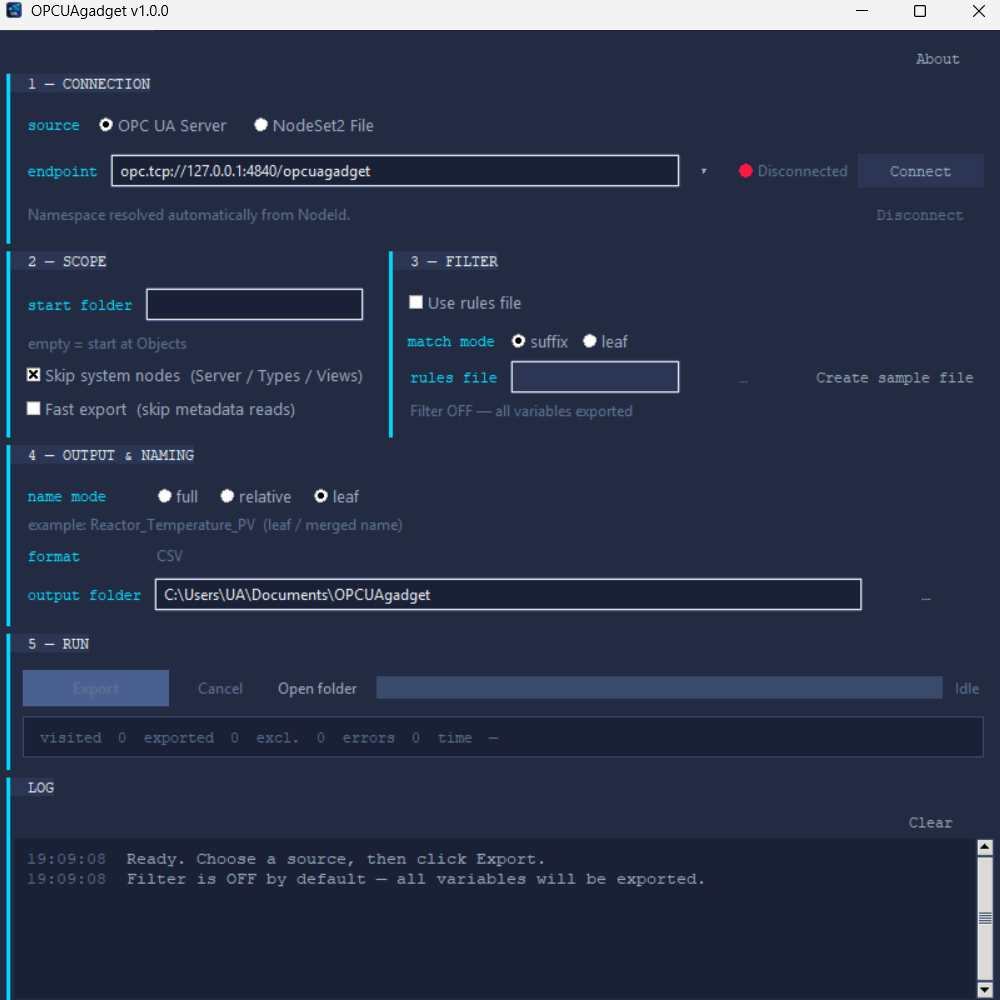 OPCUAgadget v1.0 interface — OPC UA tag export on Windows